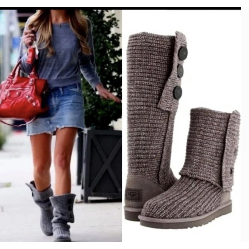UGG Classic Cardy Boot 5819 Shearling Knit Boots Button Accents Size - 9 EUC